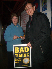 Martin Tod collects a signature from Audrey Bayes on the Lib Dem 'Bad Timing' petition
