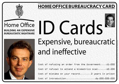 ID Cards - Expensive, Bureaucratic and Ineffective - with picture of Tony Blair