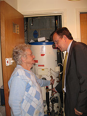Martin Tod discusses the heating problems at Danemark Court with Mrs Esme Lipsham Discussing heating at Danemark Court