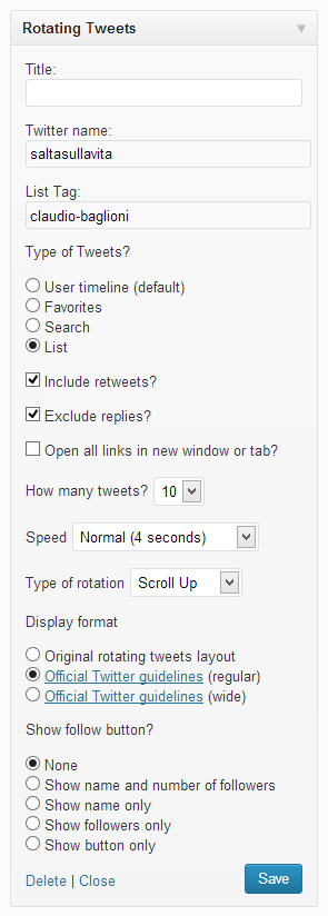 Screenshot of Rotating Tweets widget - showing how to use a 'list' as source for the tweets